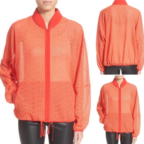 TIBI | Women's coral orange eyelet lace, zipper-front bomber jacket. Size small. - Picture 9 of 9